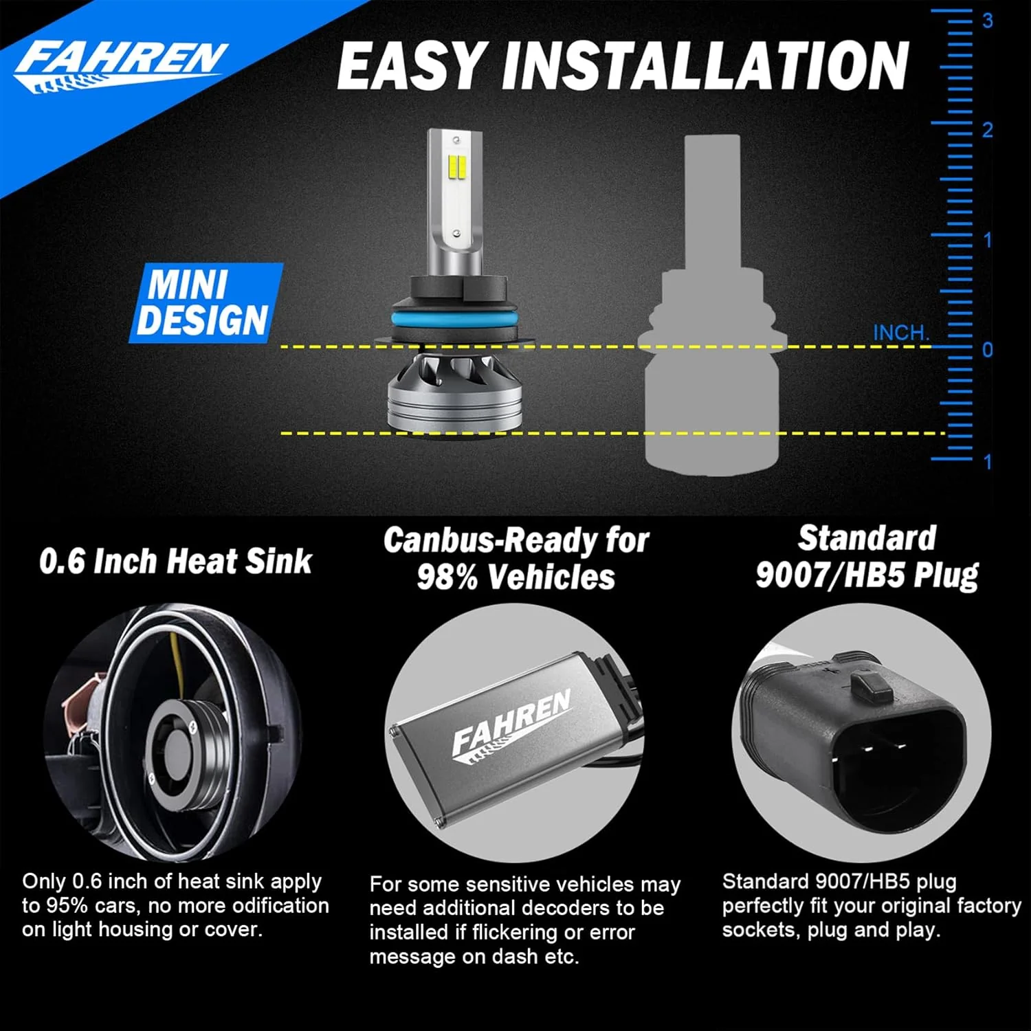 Fahren 9007/HB5 Light Bulbs 22000LM, 6500K White 800% Brightness HB5 Fog Lights (2-Pack) - Image 5