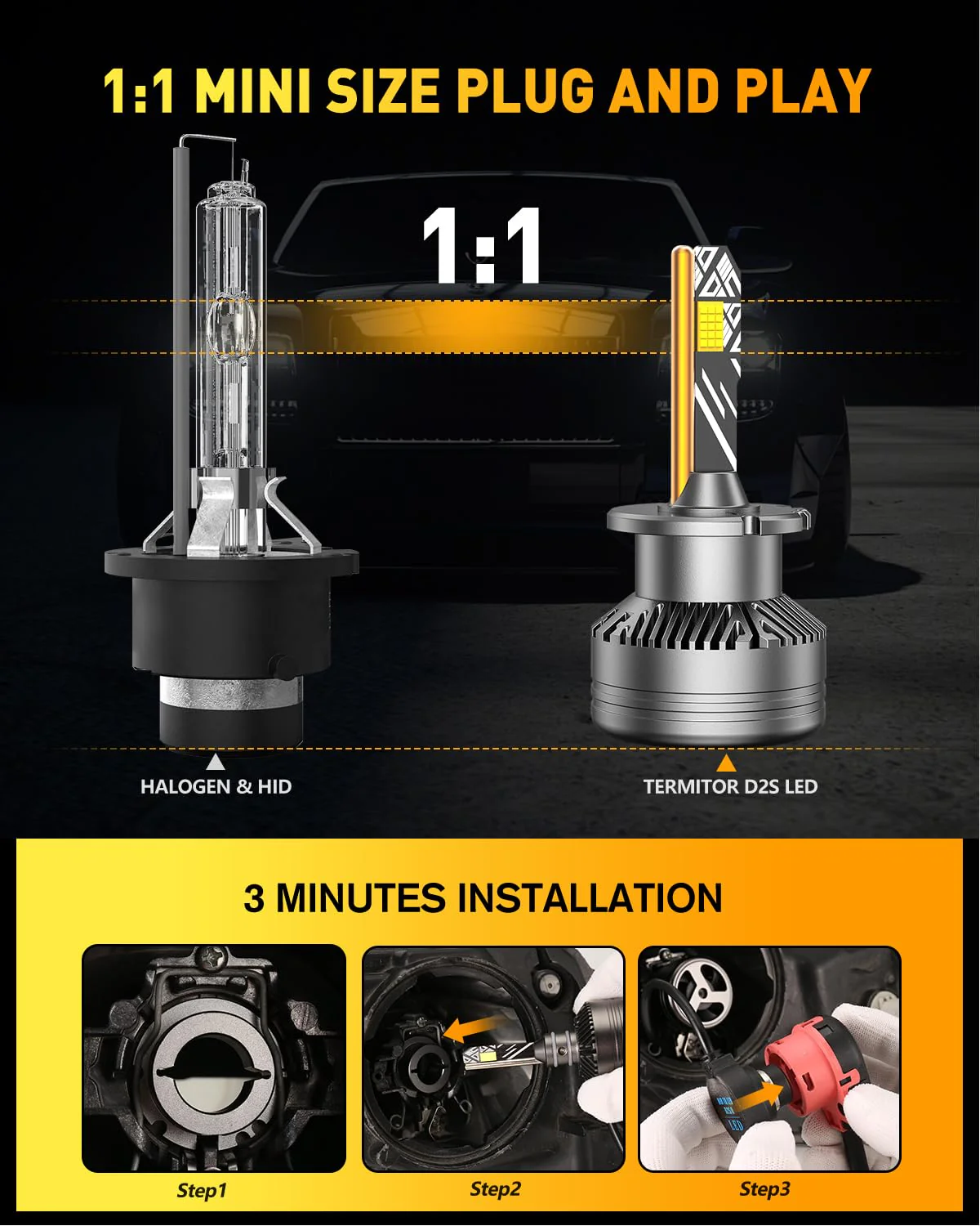 Fahren D2S/D2R LED Bulbs, 36,000LM, 900% Brighter, 6500K Cool White, 1:1 HID Size(2-Pack) - Image 3