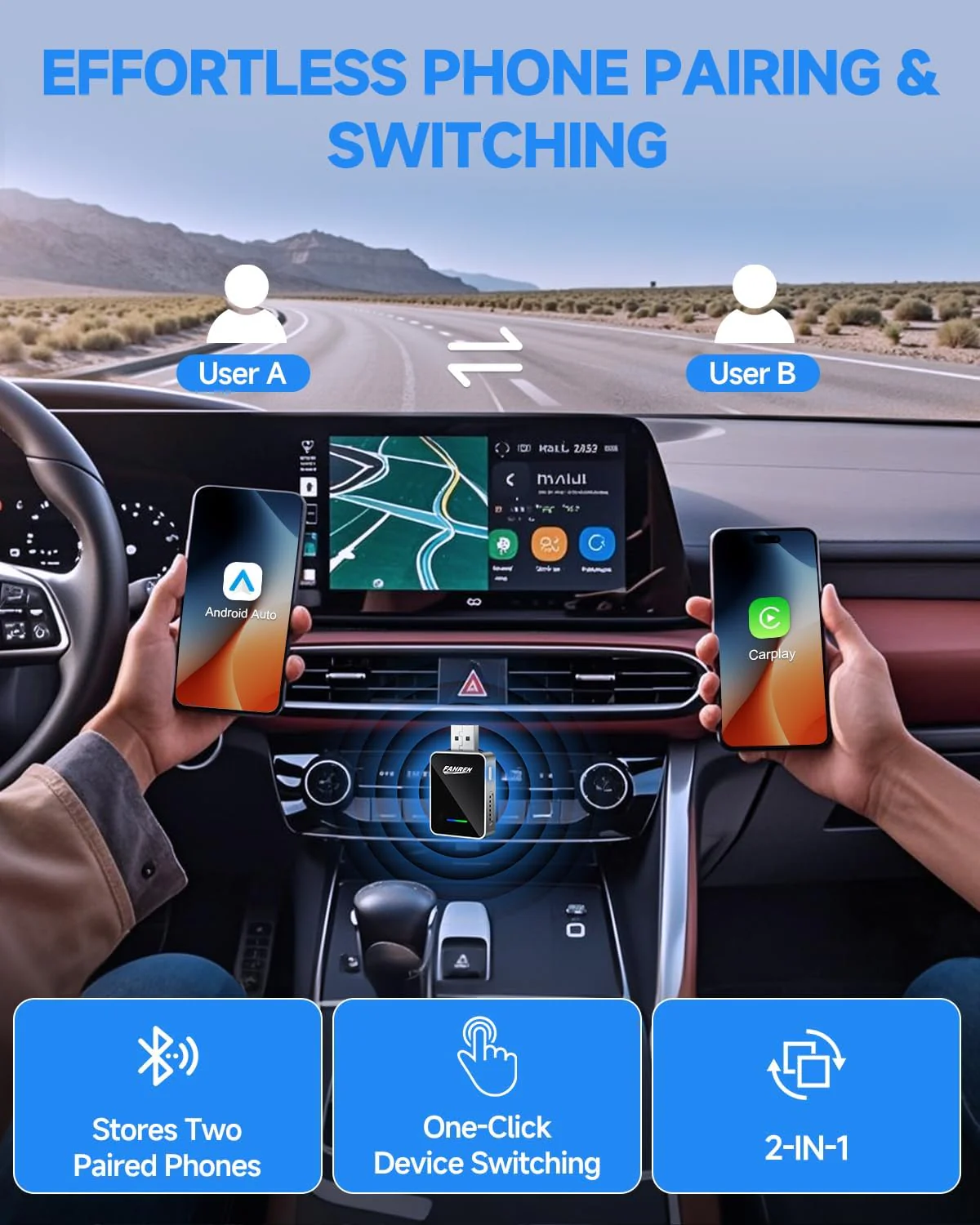 Fahren 2-in-1 Wireless CarPlay Adapter, Plug &amp; Play, One-Click User Switching - Image 3