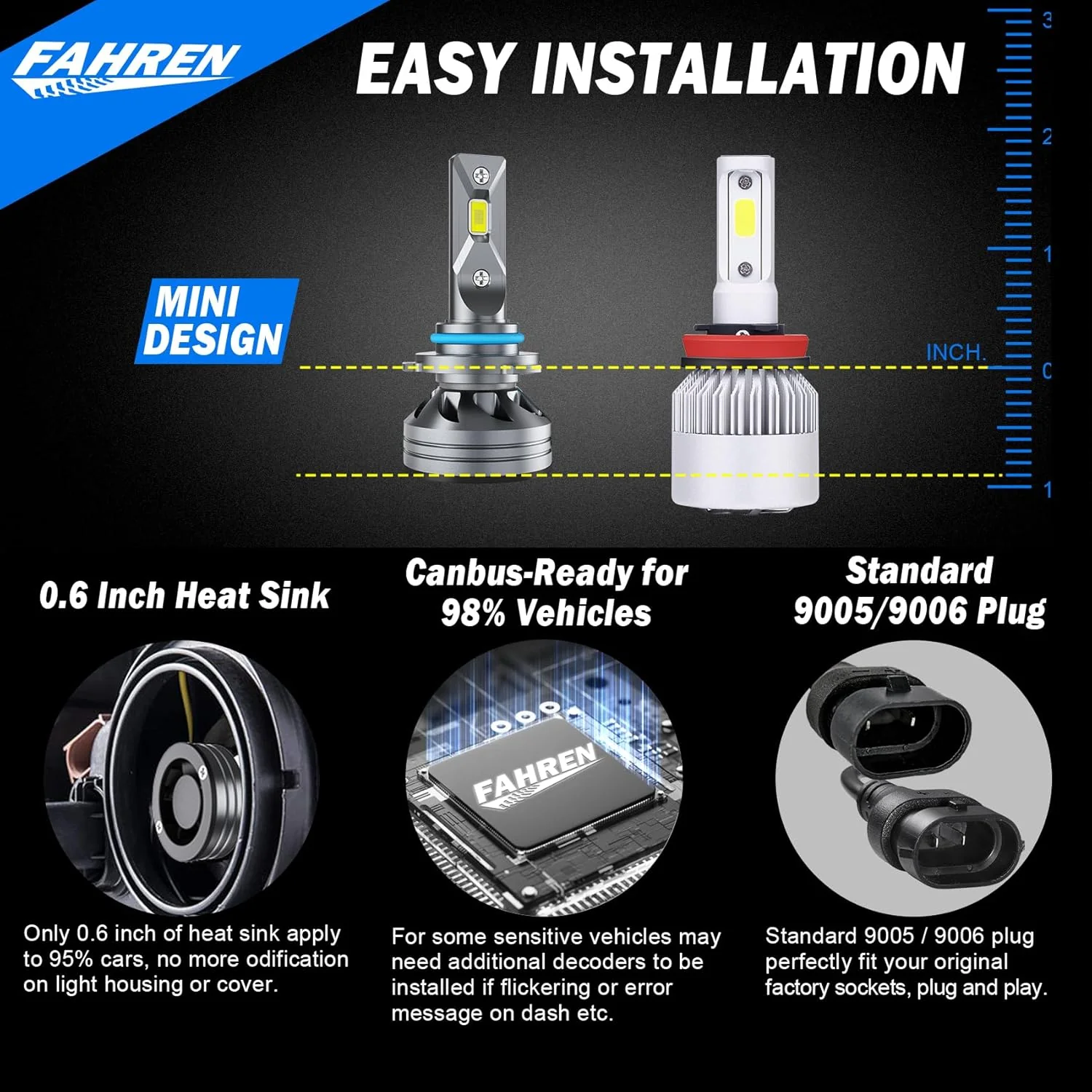 Fahren 9005 9006 LED Headlight Bulbs Combo, 6500K Hi/Lo Beam 4-Pack - Image 5
