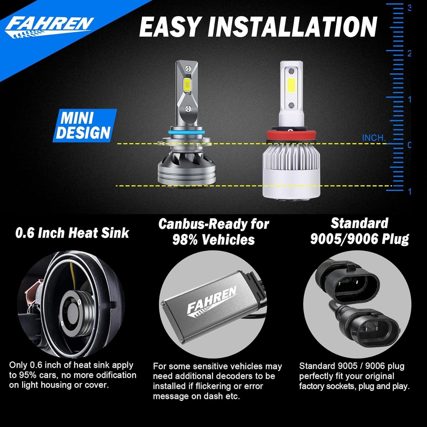Fahren 9005 9006 LED Headlight Fog Light Bulbs, 6500K White 4-Pack - Image 4