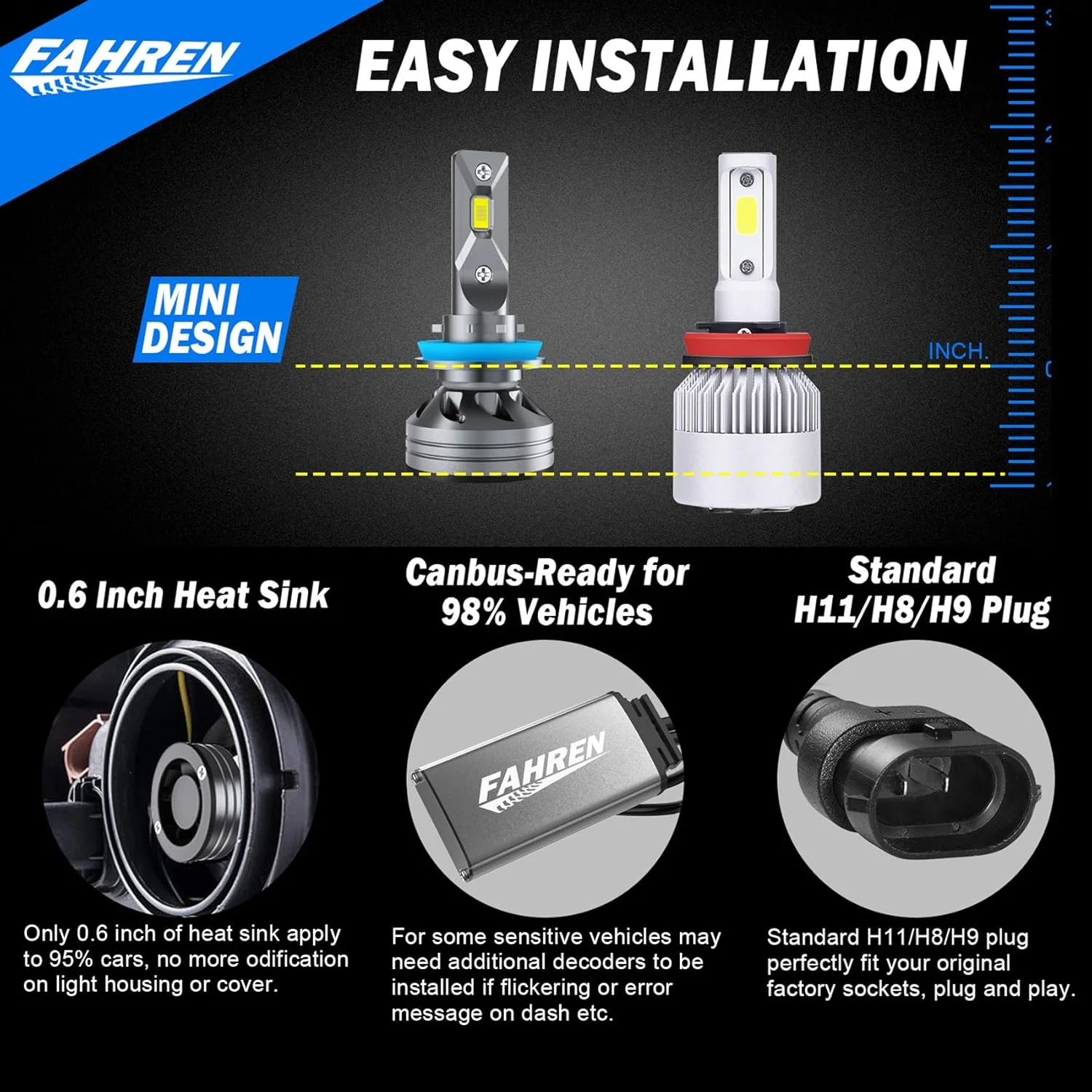 Fahren H11 H8 H9 LED Headlight Bulbs, 50000LM 6500K White 2-Pack - Image 3