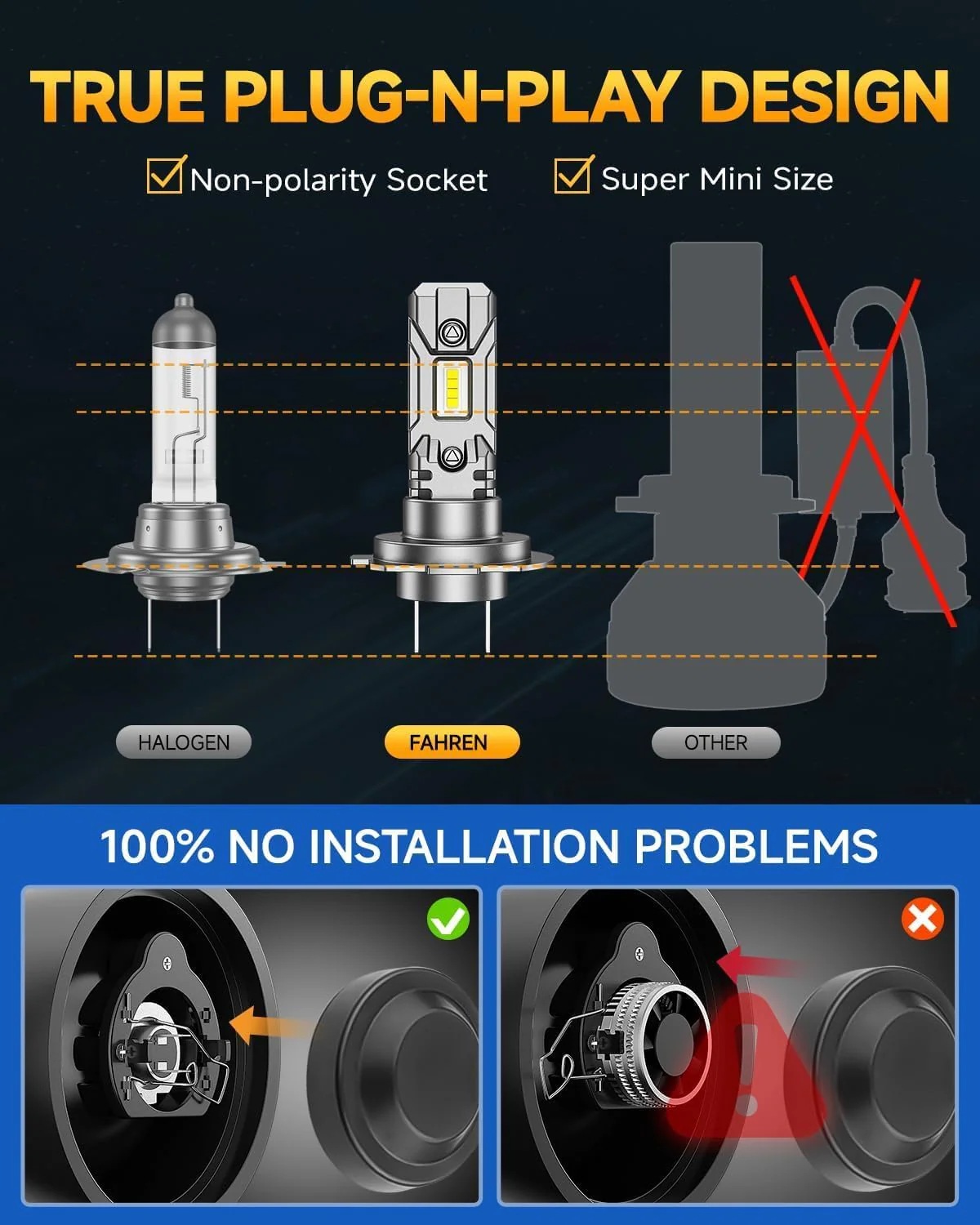 FAHREN H7 LED Headlight Bulbs 1:1 Size Plug & Play, Pack of 2 - Image 4
