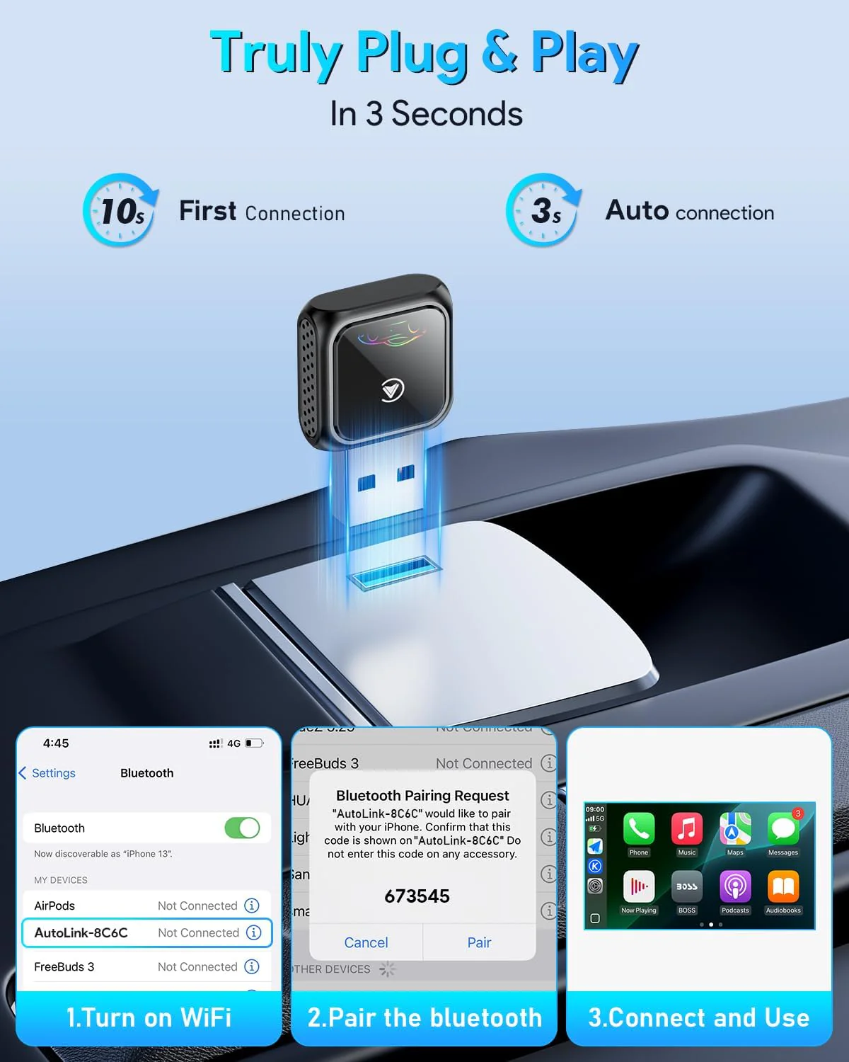 FAHREN Mini Wireless CarPlay Adapter – Zero Latency, iPhone 6+ & Android Auto (2017+) - Image 4