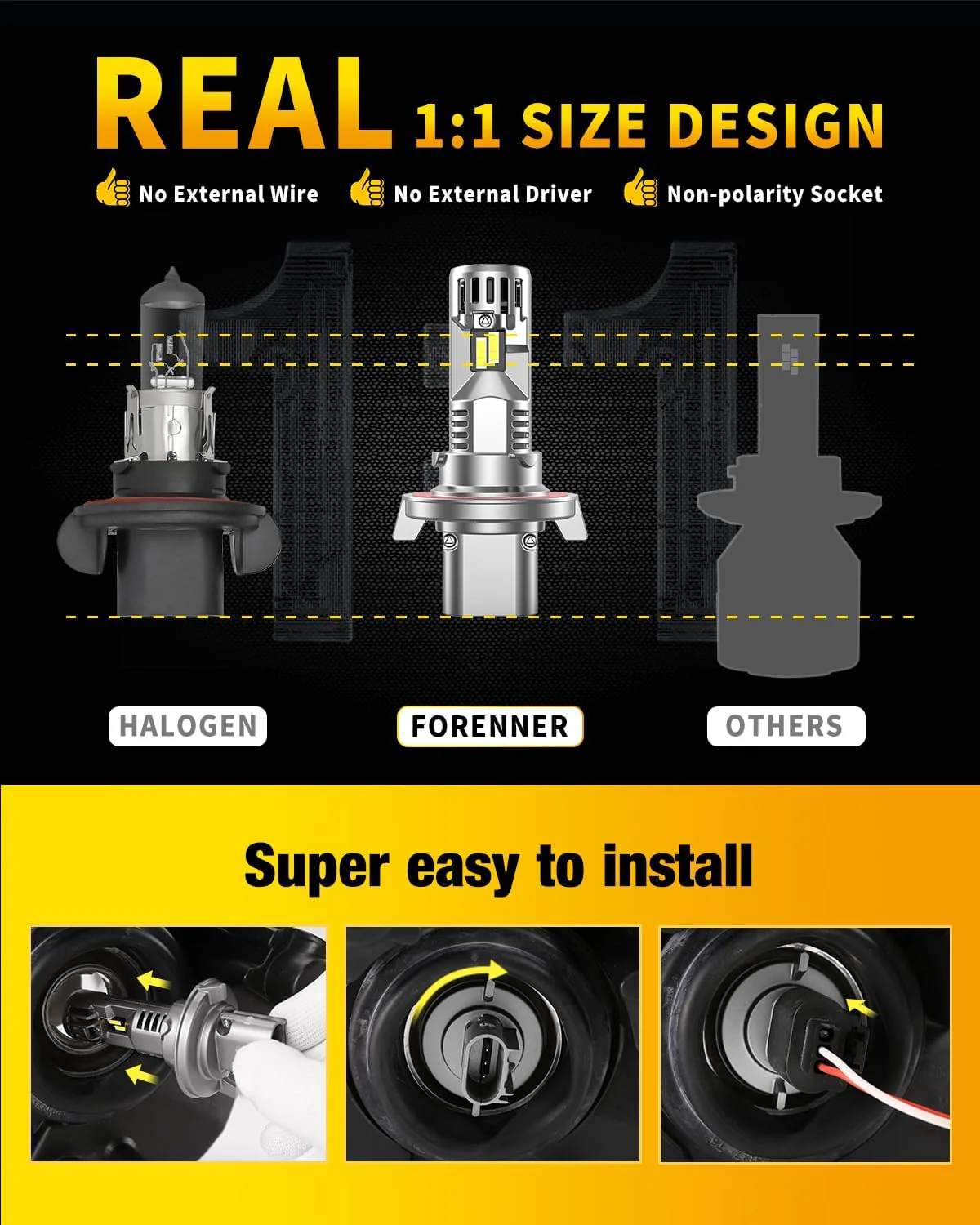 Forenner H13 LED Bulb, 40,000LM, 800% Brighter, 6500K Cool White, IP68 (2-Pack) - Image 4