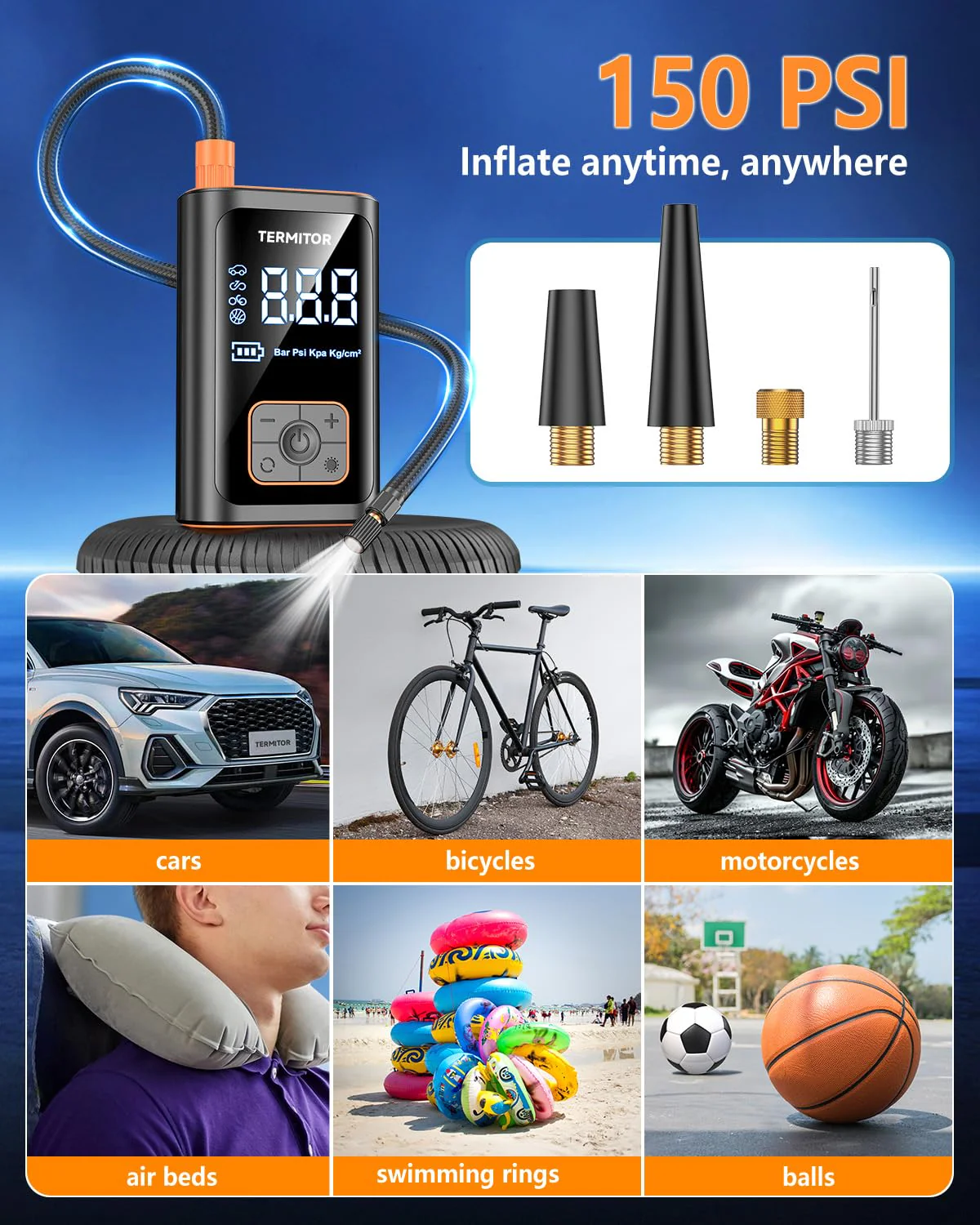 Portable Tire Inflator, 150PSI Cordless Air Compressor for Car, Motorcycle, Bicycle - Image 3